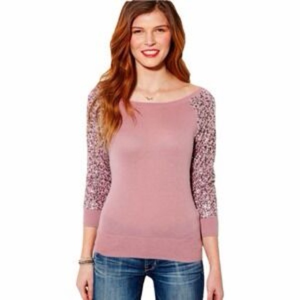 10/$25🦋 American Eagle Dusty Pink Sequin 3/4 Sleeve Crew Neck Sweater - Medium